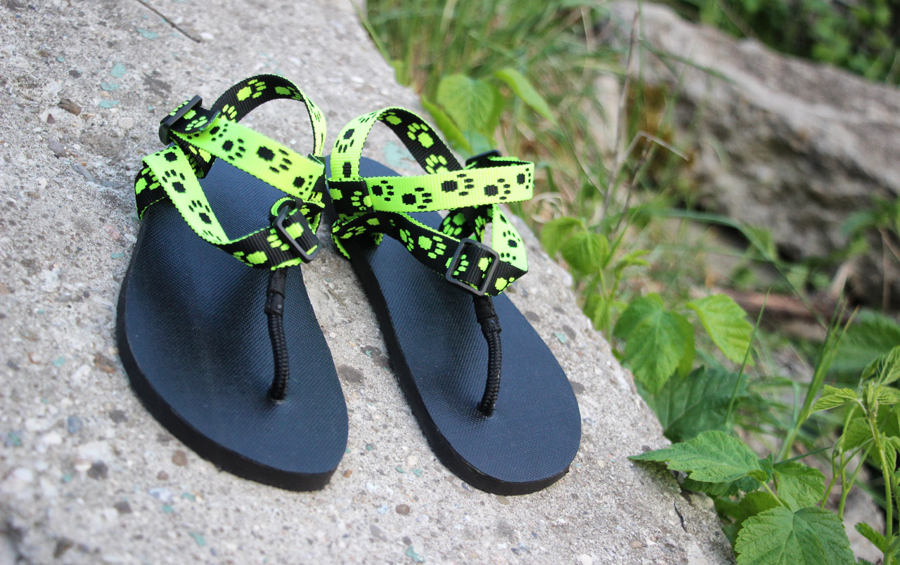 Detské DIY barefoot sandále Labky, neónový popruh